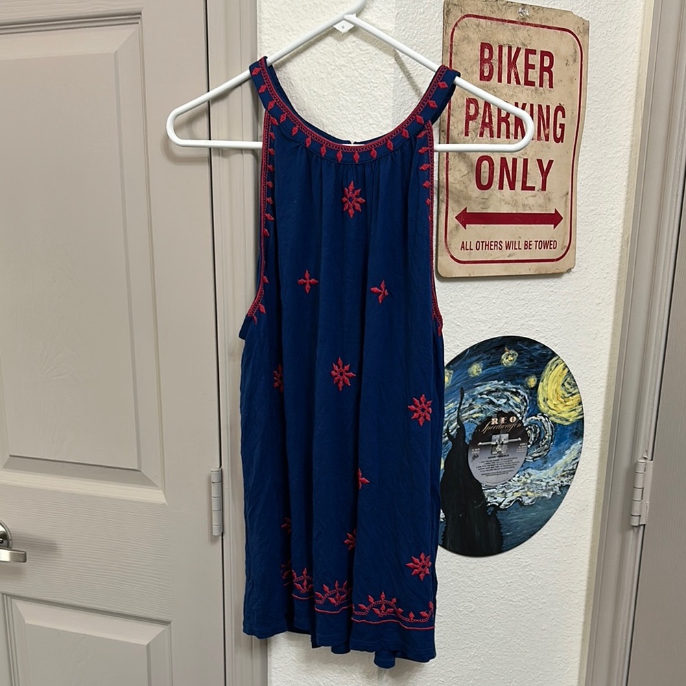 Navy Blue Sleeveless Tank with Red Embroidery